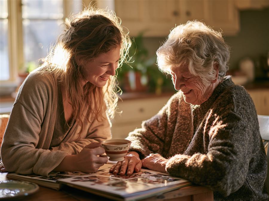 A caregiver and an older woman share tea and look through a photo album at a kitchen table